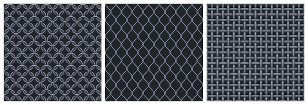 Free Vector metal net seamless patterns textures of iron grid steel mesh from weave wire and rings for fence chain armor prison cage vector realistic illustration of metal lattice on black background