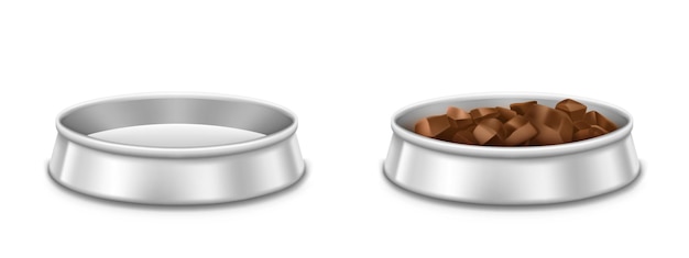 Metal pet bowls, empty and full of food plate for dog or cat. Vector realistic mockup of chrome dish with pile of meat, dry or wet feed for domestic animals isolated on white background