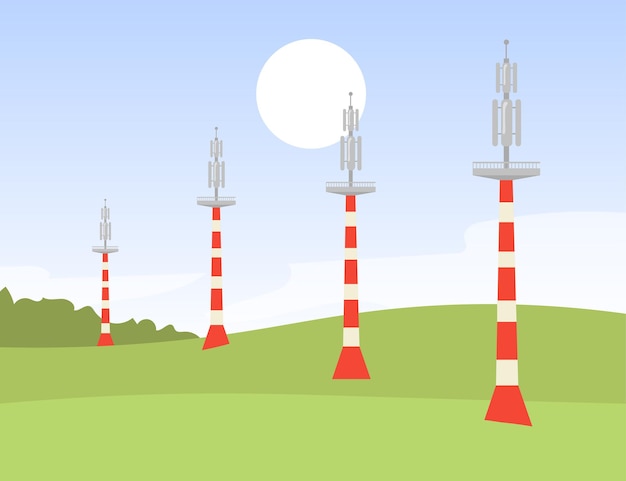 Free Vector metal signal transmission towers in field. s un, wi-fi, network flat illustration