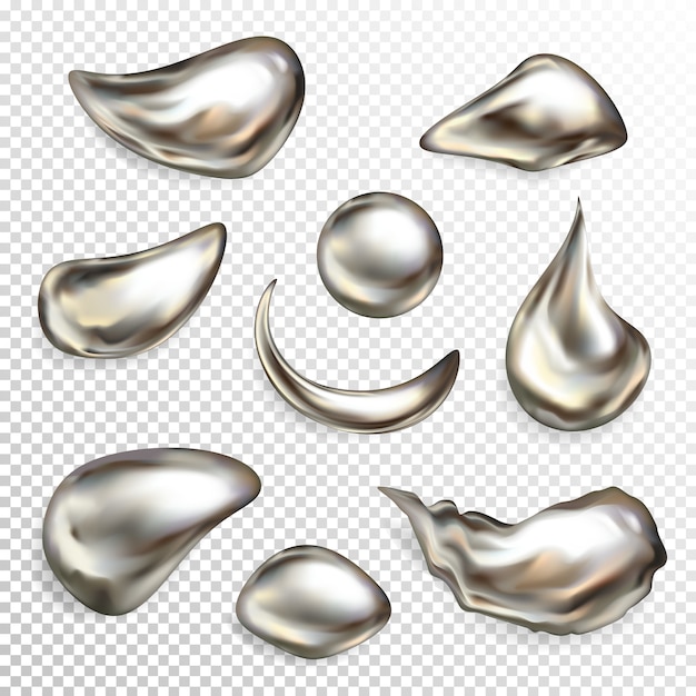 Metal silver droplets illustration of realistic 3D liquid quicksilver with pearl texture. 