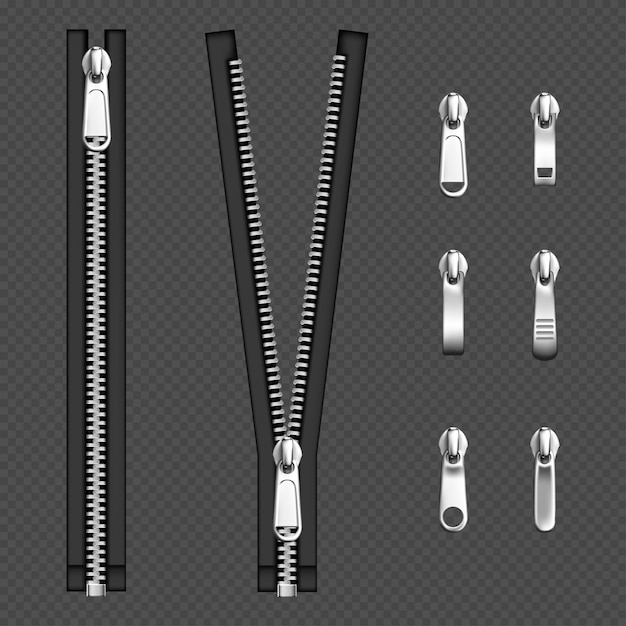 Free Vector metal zip fasteners, silver zippers with differently shaped puller and open or closed black fabric tape, clothing hardware isolated on transparent background, realistic 3d illustration, set