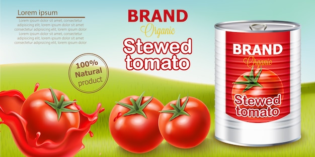 Metallic can standing on meadow surrounded by tomatoes