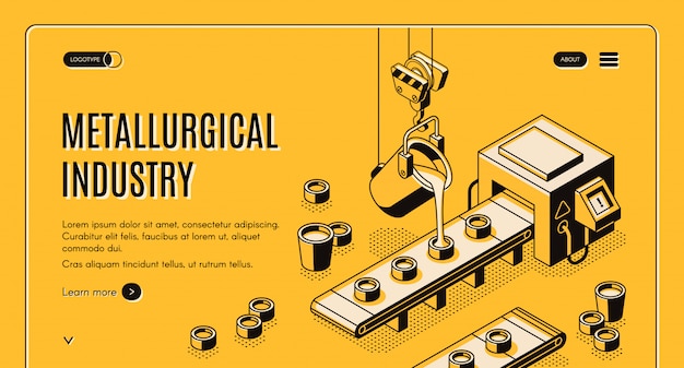 Free vector metallurgical industry company isometric vector web banner with pouring molten metal from steel ladl