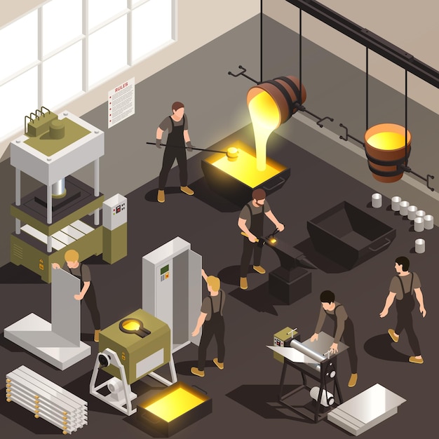 Metalworking manufacturing facility workers isometric composition with pouring molten iron casting forging rolling mill process illustration