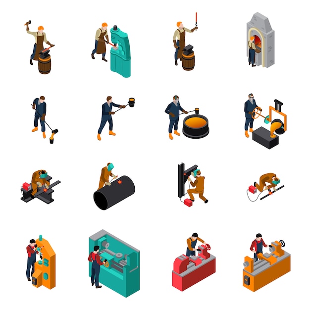 Free vector metalworking tools machinery isometric icons collection