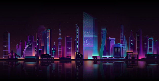 Free Vector metropolis night background neon cartoon