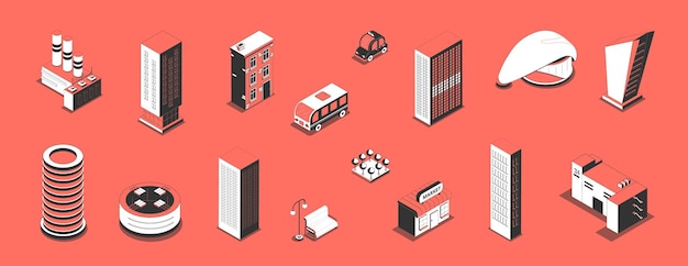 Free Vector metropolis set with isolated isometric icons and images of modern urban buildings and cars with shadows vector illustration