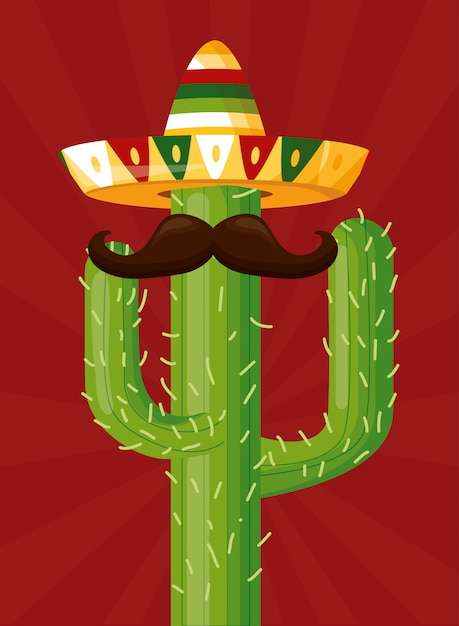 Mexican celebration with a cactus with a mustache and hat as an icon of Mexican culture