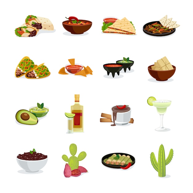 Free Vector mexican cuisine dishes snacks and drinks flat icons set