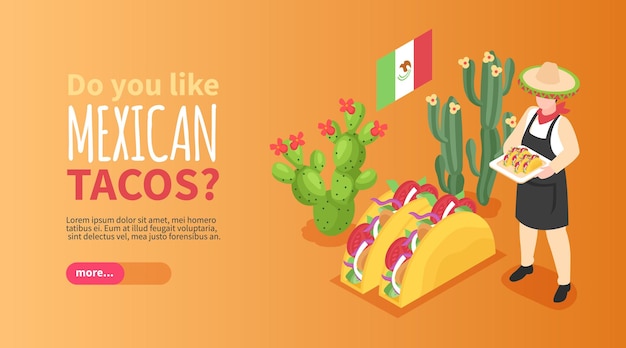 Mexican cuisine horizontal banner demonstrated woman in national clothes holding tray with tacos isometric vector illustration