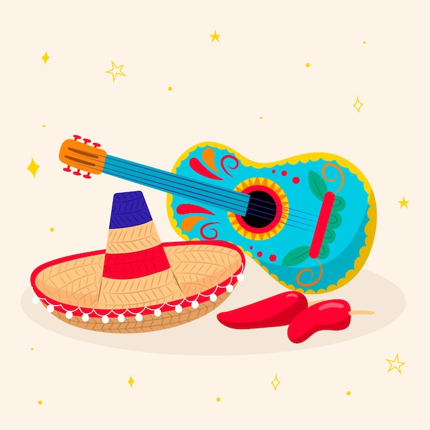 Mexican culture hand drawn flat elements guitar and hat illustration