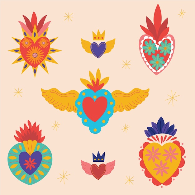 Mexican culture hand drawn flat hearts collection