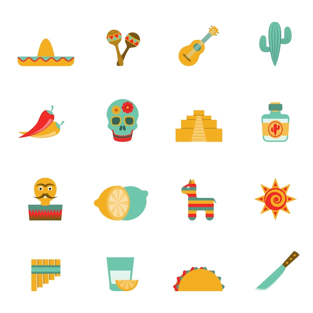 Mexican culture symbols flat icons set