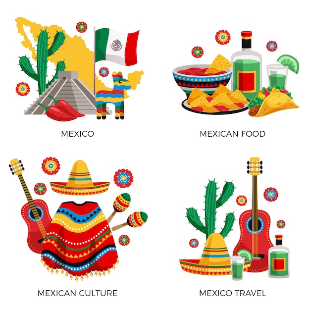 Mexican culture traditions food, colorful concept with cactus guitar poncho tequila tacos