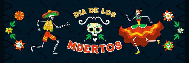 Mexican day dead celebration with dancing in national costumes skeletons black horizontal banner vector illustration