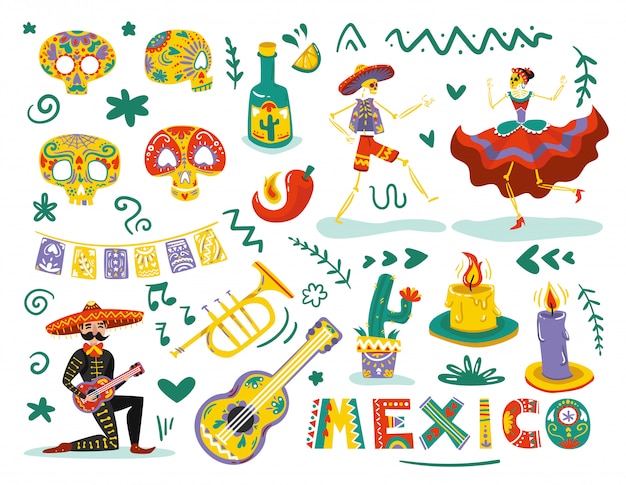 Mexican day dead elements attributes colorful set with dancing skeletons sugar skulls masks