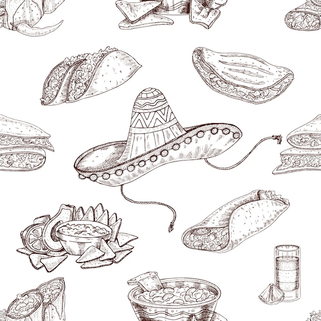 Free Vector mexican food hand drawn seamless pattern