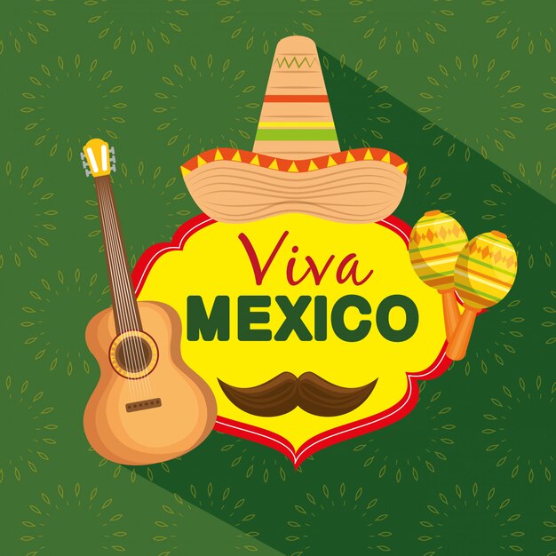 Mexican hat with guitar and maracas to celebrate event