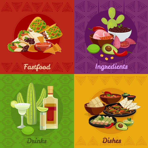 Free Vector mexican native food spicy dishes snacks and drinks 4 flat icons square composition banner