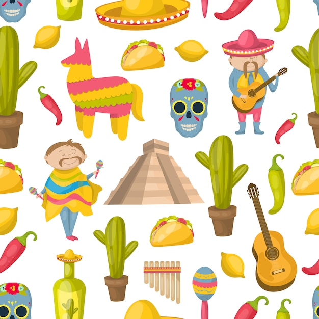 Mexican seamless pattern with elements of traditions and attractions of the country vector illustration