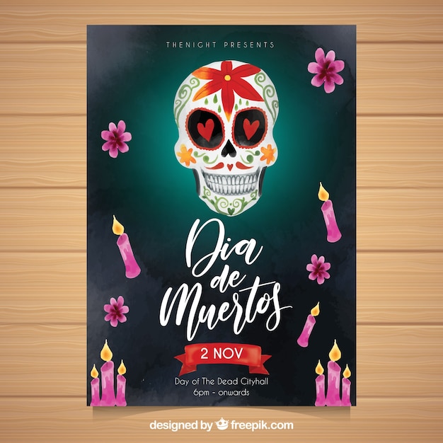 Free Vector mexican skull poster with watercolor candles