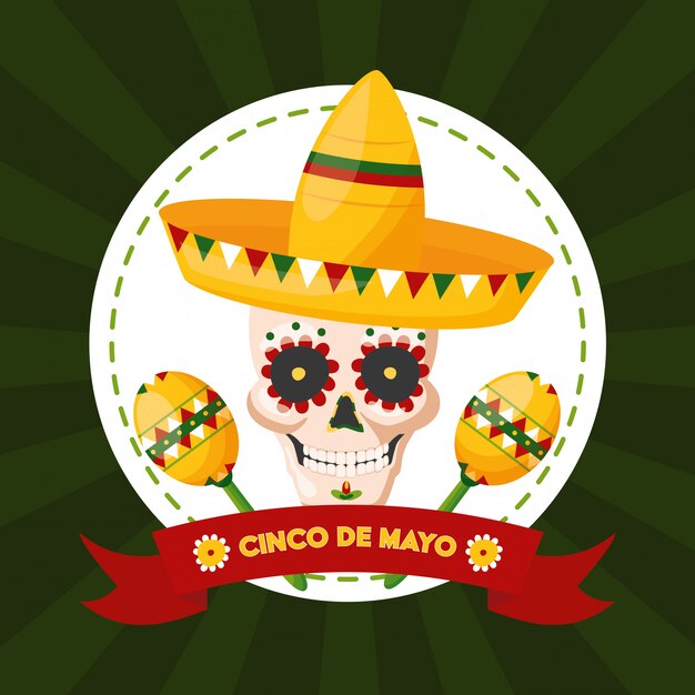 Mexican skull with Mexican hat, Cinco de mayo, Mexico illustration