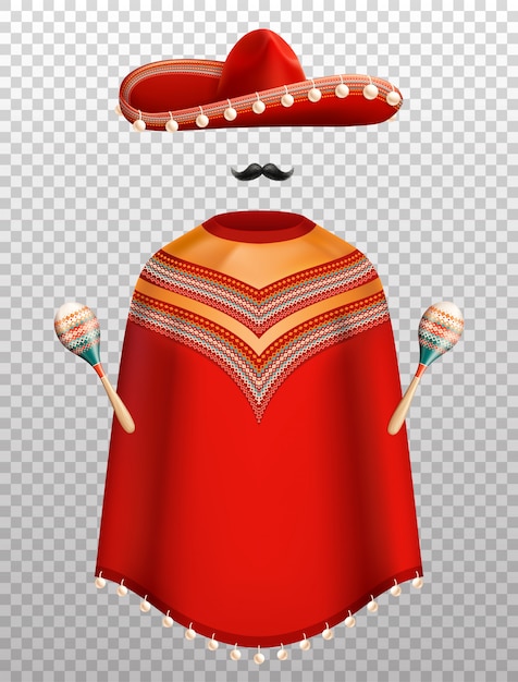 Mexican traditional clothes realistic set with sombrero poncho and maracas isolated on transparent