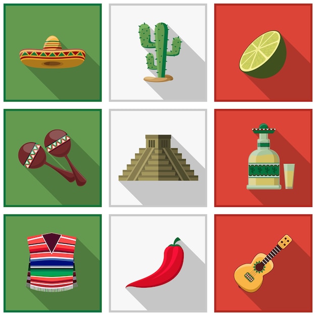 Mexico elements set, mexican symbols. Cactus and chili pepper, tequila and guitar