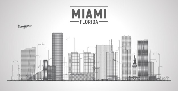 Miami Florida line city skyline with panorama in white background Vector Illustration Business travel and tourism concept with modern buildings Image for banner or website