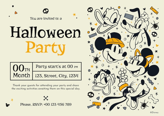 Free vector mickey mouse and friends halloween invitation