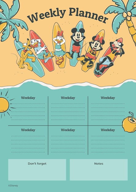 Free Vector mickey mouse summer weekly planner