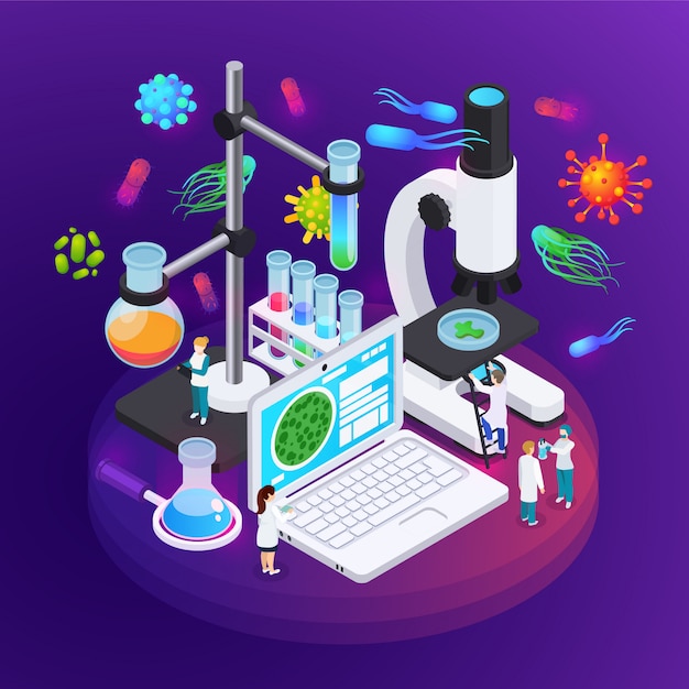 Free Vector microbiology isometric poster illustrated equipment of science laboratory for research of bacteria and virus structures