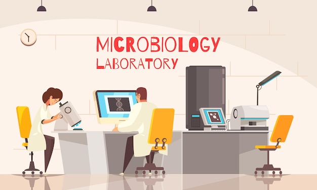 Free vector microbiology laboratory  composition with indoor view of lab room with workspaces of scientists with text  illustration