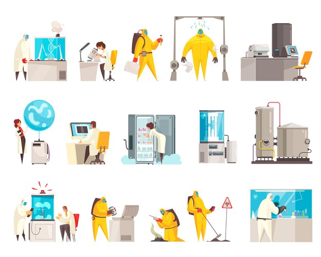 Microbiology laboratory set with isolated human characters of scientists in suits with lab equipment and facilities vector illustration