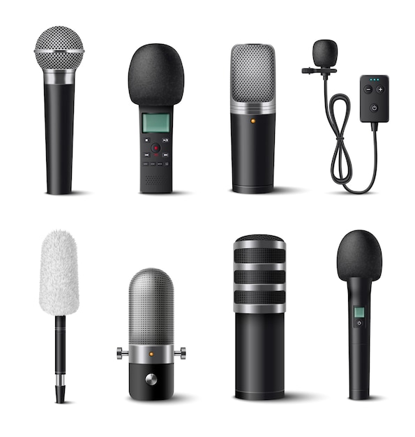 Free vector microphone realistic icons set with audio record equipment isolated vector illustration