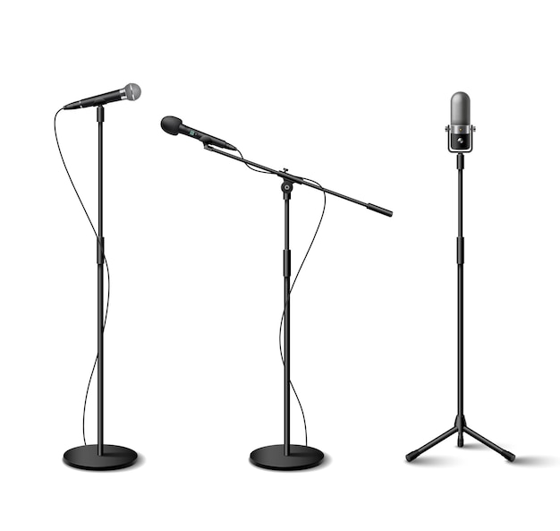 Microphone realistic icons set with standing audio equipment isolated vector illustration