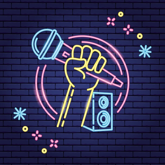 Free vector microphone and speaker in neon style over purple