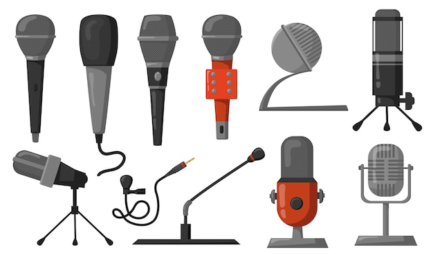 Free vector microphones flat illustrations set. studio equipment for podcast or music recording or broadcasting. vector illustration for audio technology, communication, performance concept