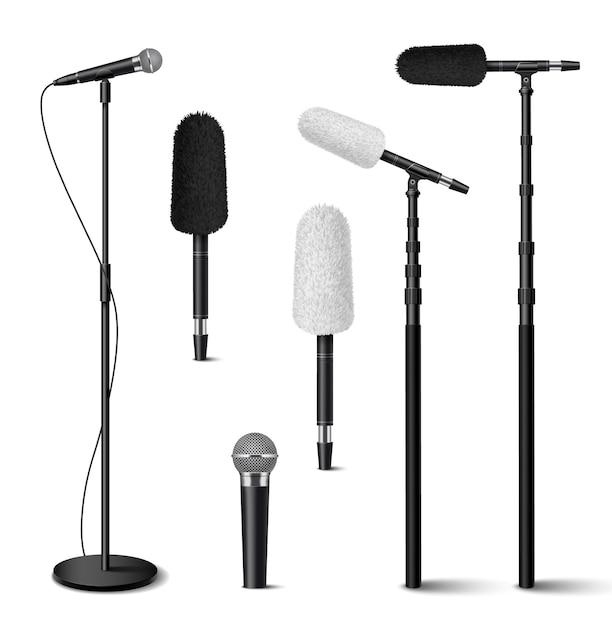 Free Vector microphones realistic icons set with classic metal audio devices isolated on white background vector illustration