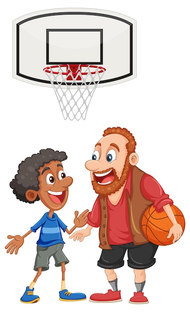 Middle age man playing basketball with a boy