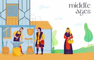 Free vector middle age settlement commoners at work flat composition with village medieval blacksmith peasants land workers vector illustration