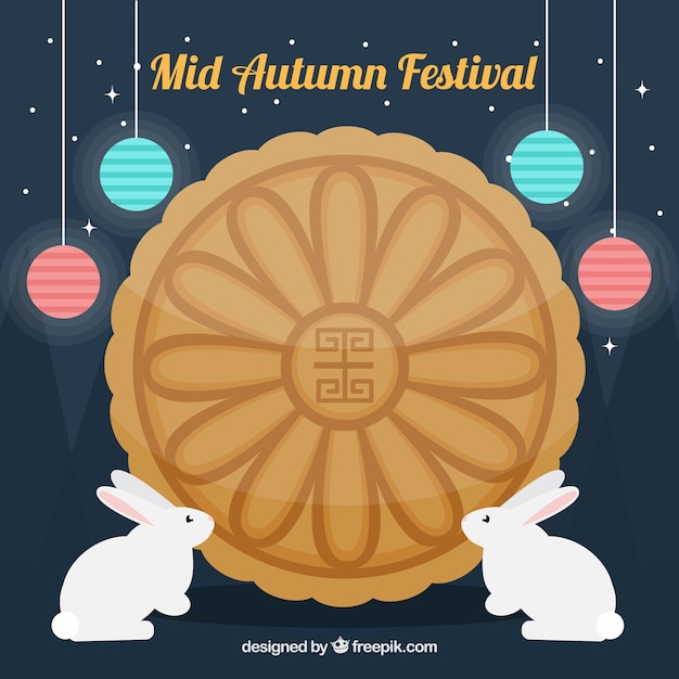 Free vector middle autumn festival, scene with two rabbits