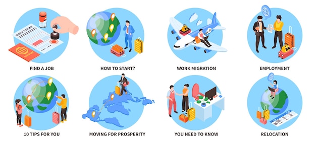 Free Vector migrant workers compositions set with tips and start symbols isometric isolated vector illustration