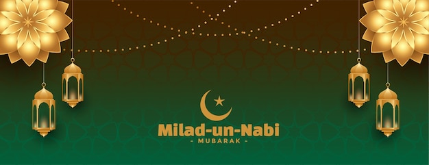 Free Vector milad un nabi mubarak wishes banner with golden flower