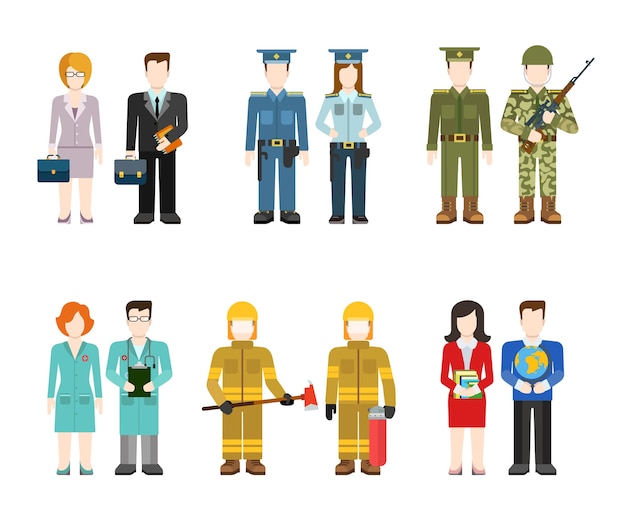 Military army officer commander businessman policeman doctor fireman teacher people in uniform flat avatar user profile   illustration set. Creative people collection.