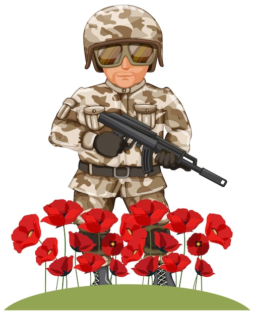 Free Vector military cartoon character with poppy flower