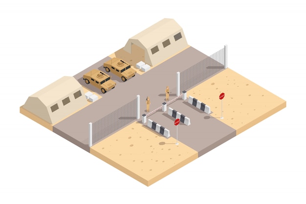 Military isometric composition with guarded military base and with the necessary equipment vector illustration