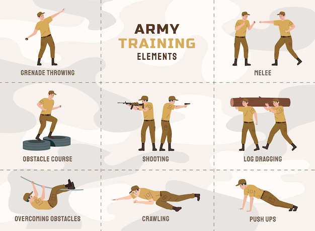 Free Vector military training flat set with army soldiers practicing sport course vector illustration