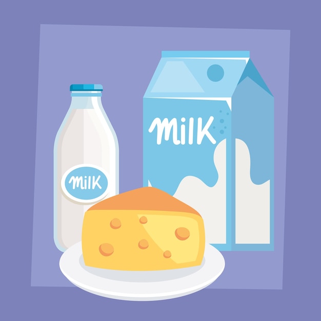 Free Vector milk bottle and box with cheese