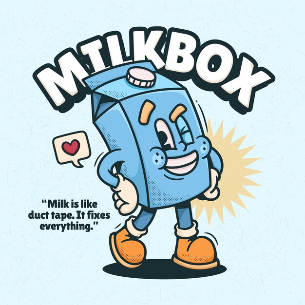 Milk Box Cute Trendy Retro Cartoon Vector Hand Drawn